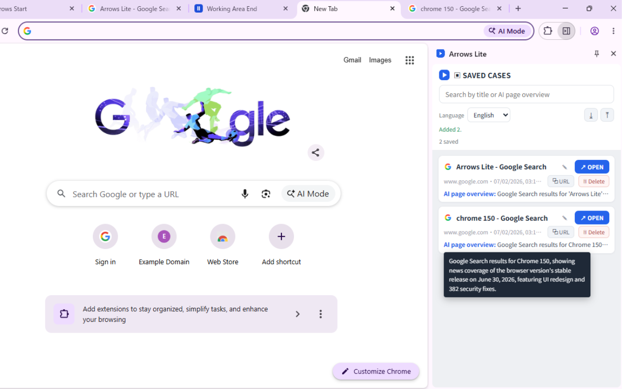 Chrome'da Arrows Lite — AI sayfa özetlerini gösteren Saved Cases yan paneli